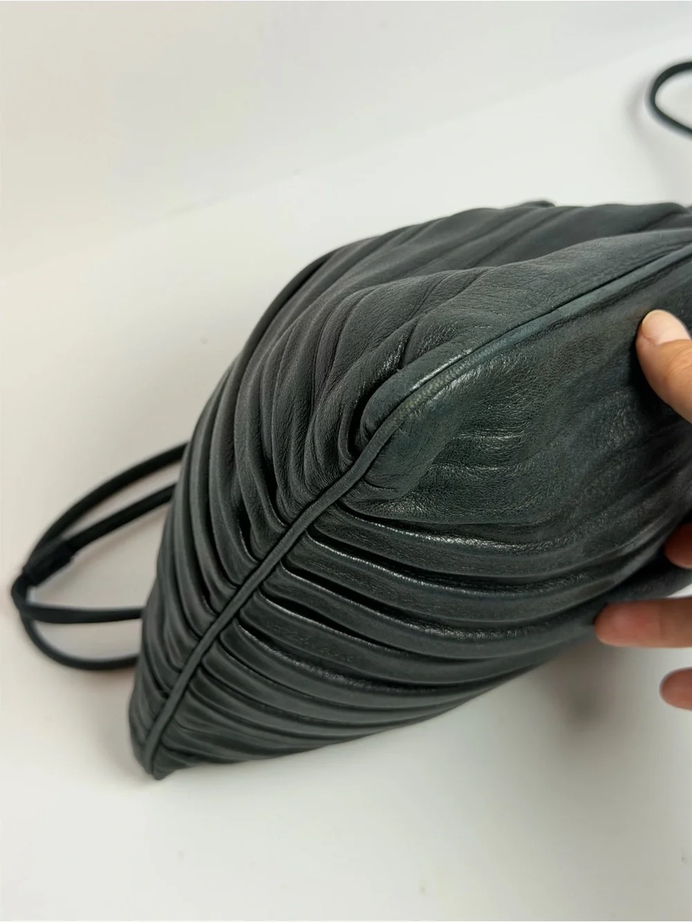 Giorgio Armani Drawstring Black Pleated Leather Bucket Bag